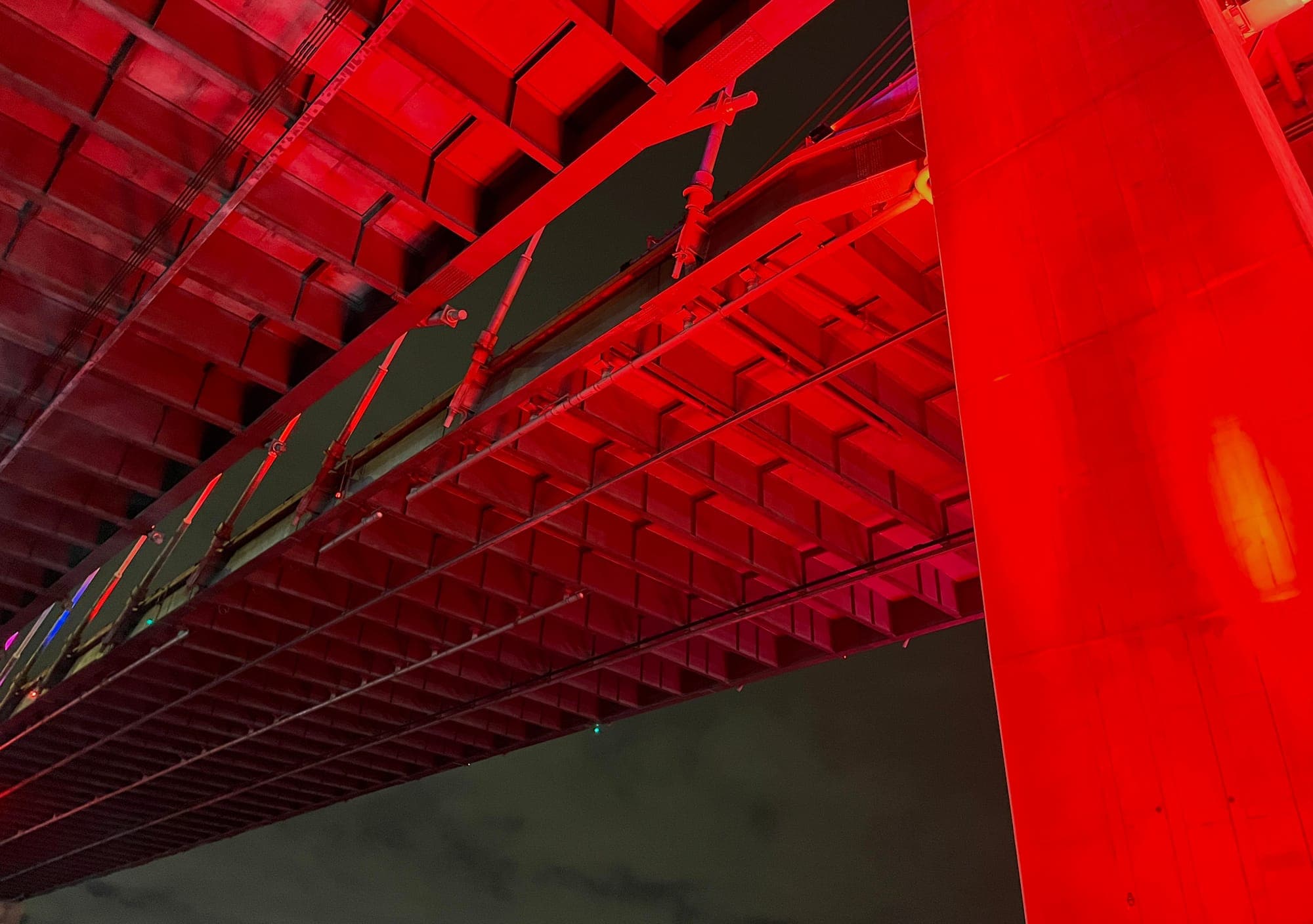Red-lit architectural ceiling