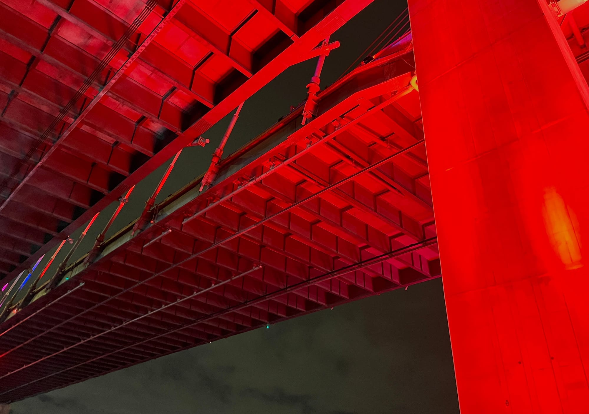 Red-lit architectural ceiling