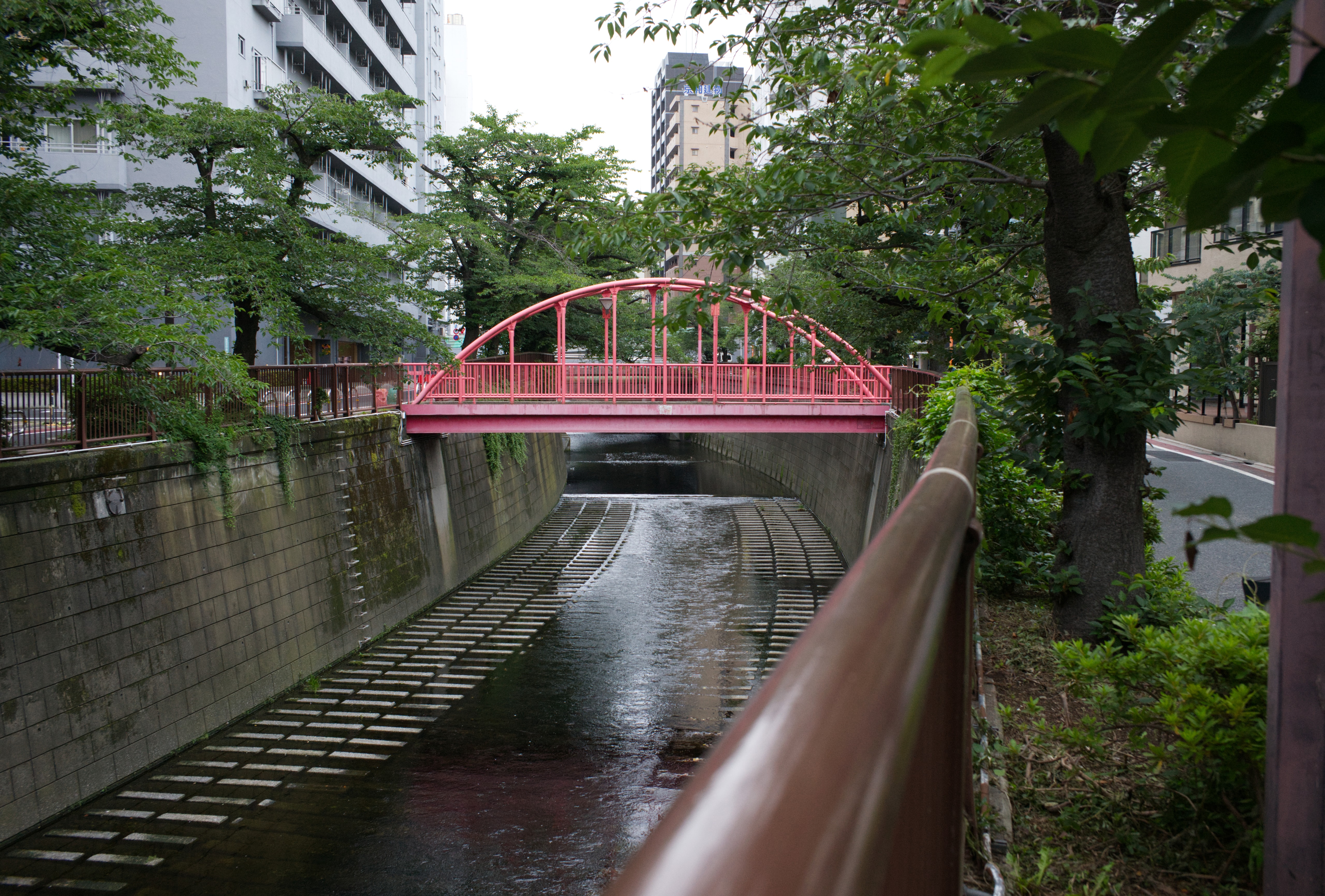A pink bridge over a canal in Nakameguro