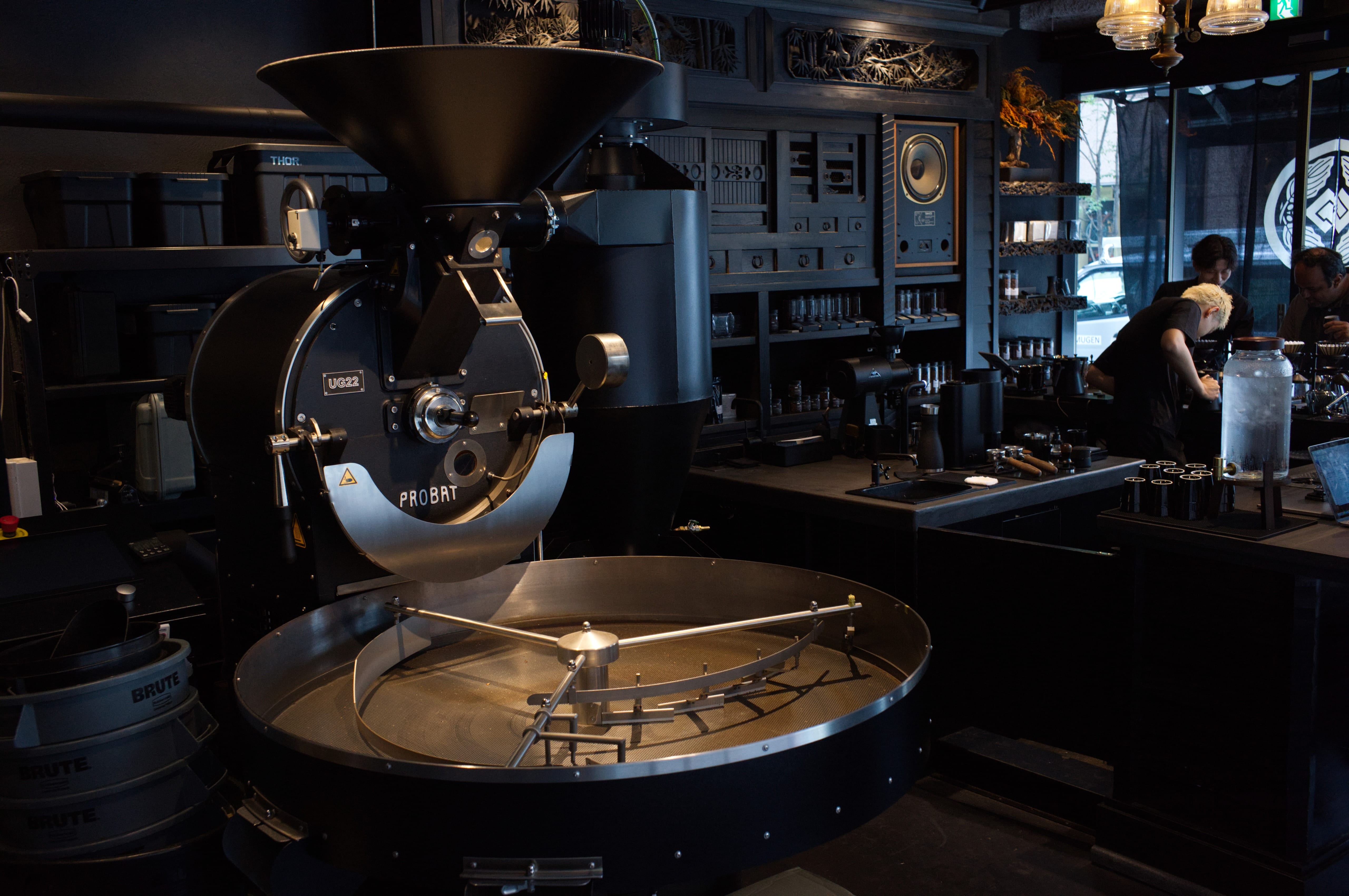 A black coffee roaster inside Glitch