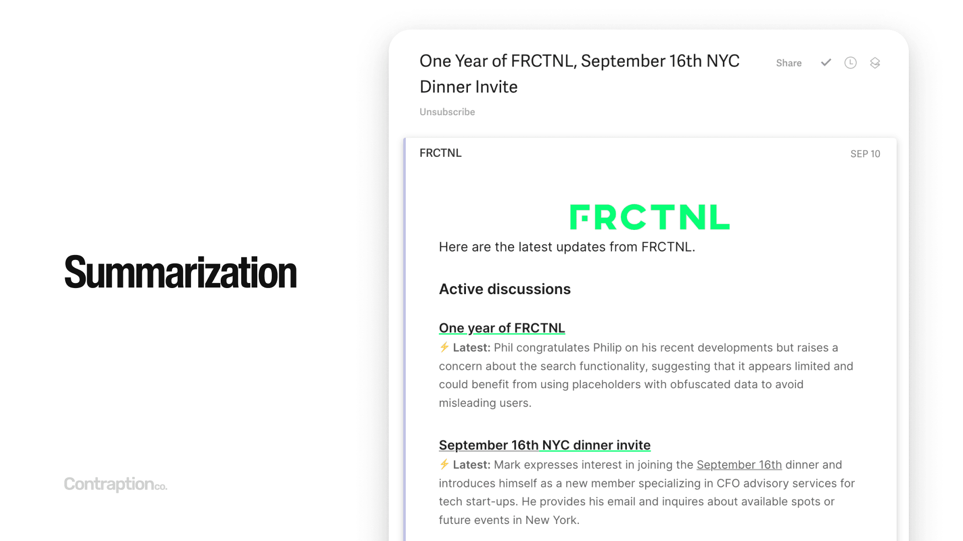 Summarization example: An email newsletter generated by code.