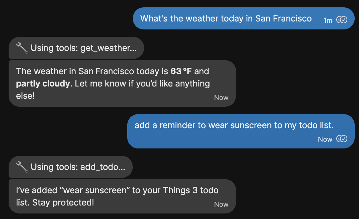 Chat where the LLM checks the weather and adds a todo