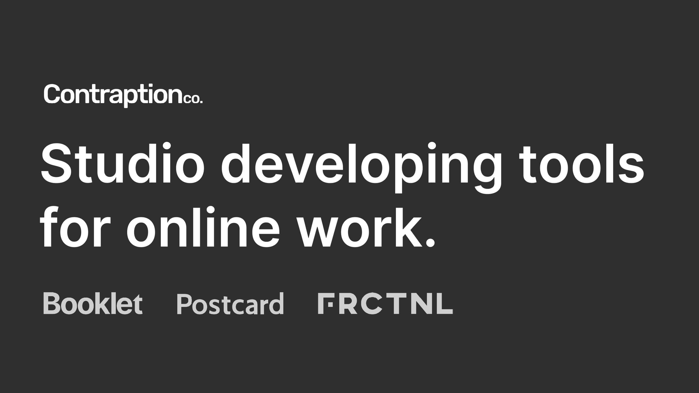 Slide listing the studio products Booklet, Postcard, and FRCTNL