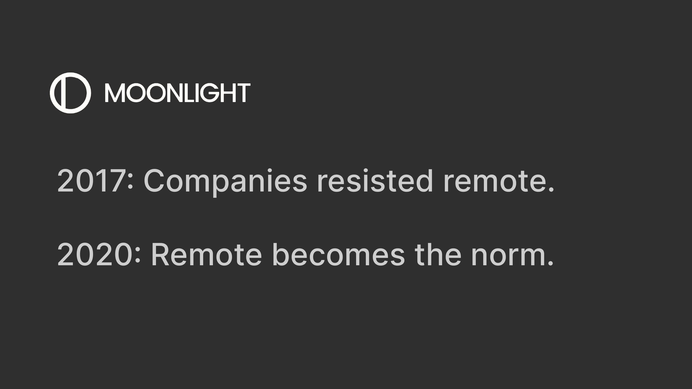 Slide: companies resisted remote in 2017, normalized it in 2020