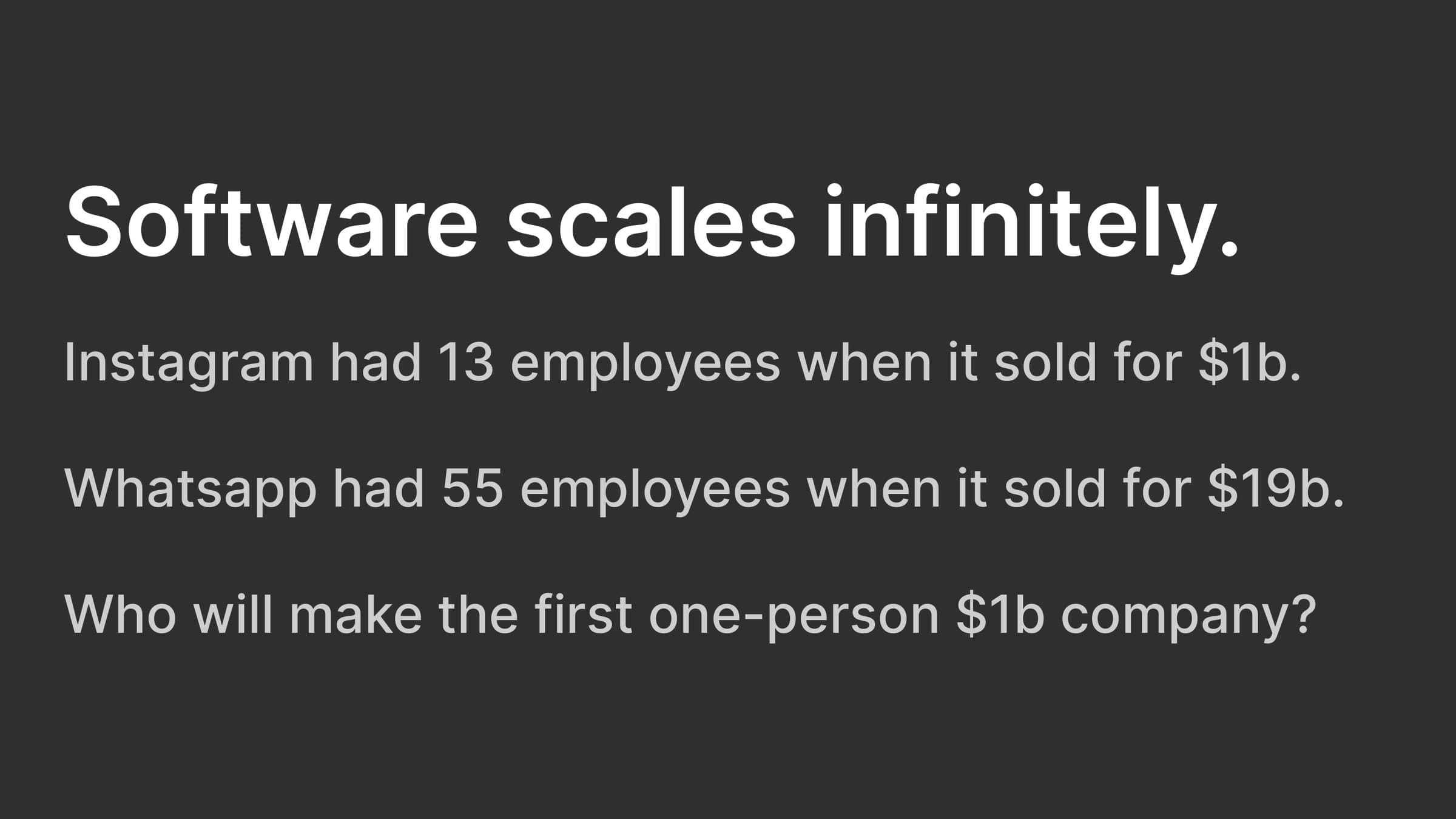 Slide: software scales infinitely, citing Instagram and WhatsApp