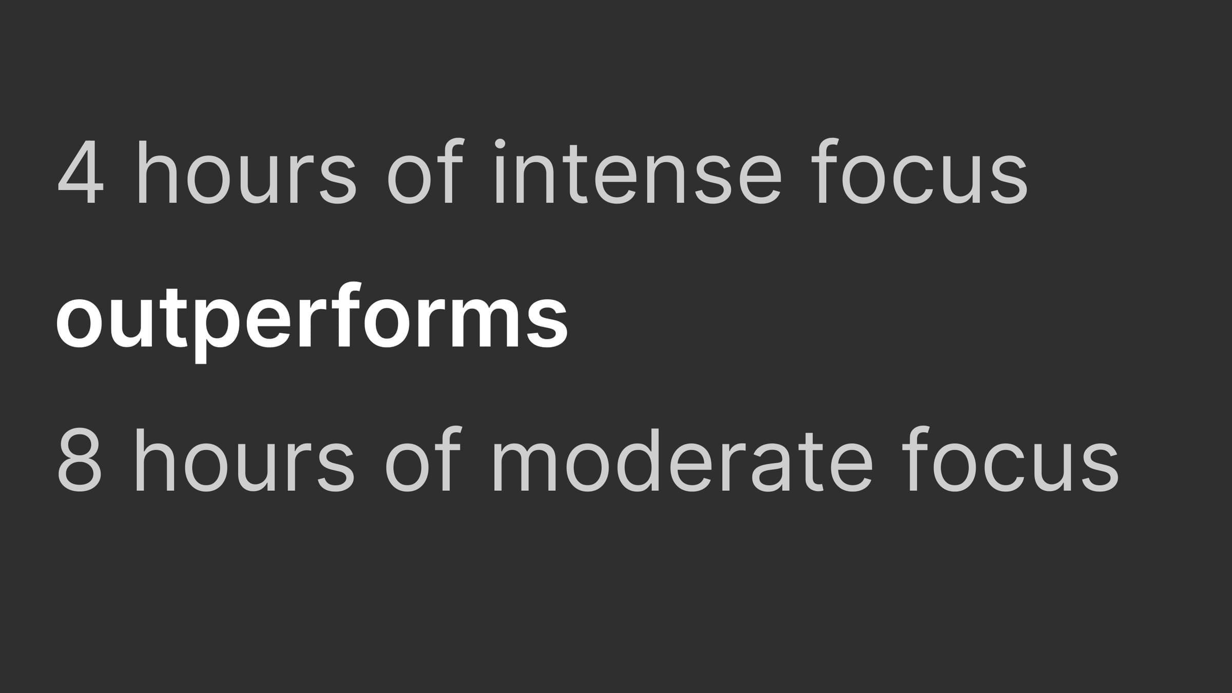 Slide: four hours of intense focus outperforms eight moderate hours