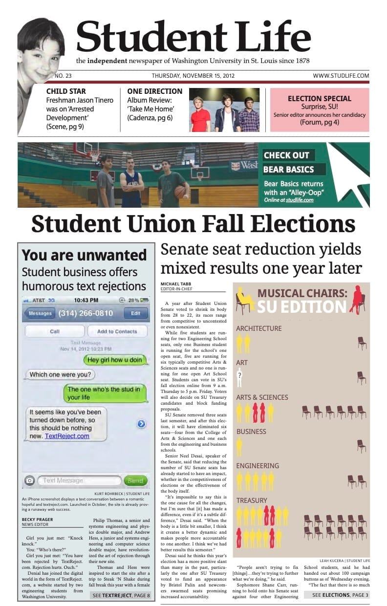 Student Life front page featuring the Text Reject story